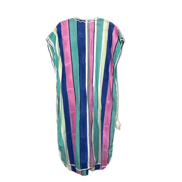 Matta Kaftan Midi Dress Striped Multicolor Cotton Rainbow Embroidered One Size - Picture 2 of 8
